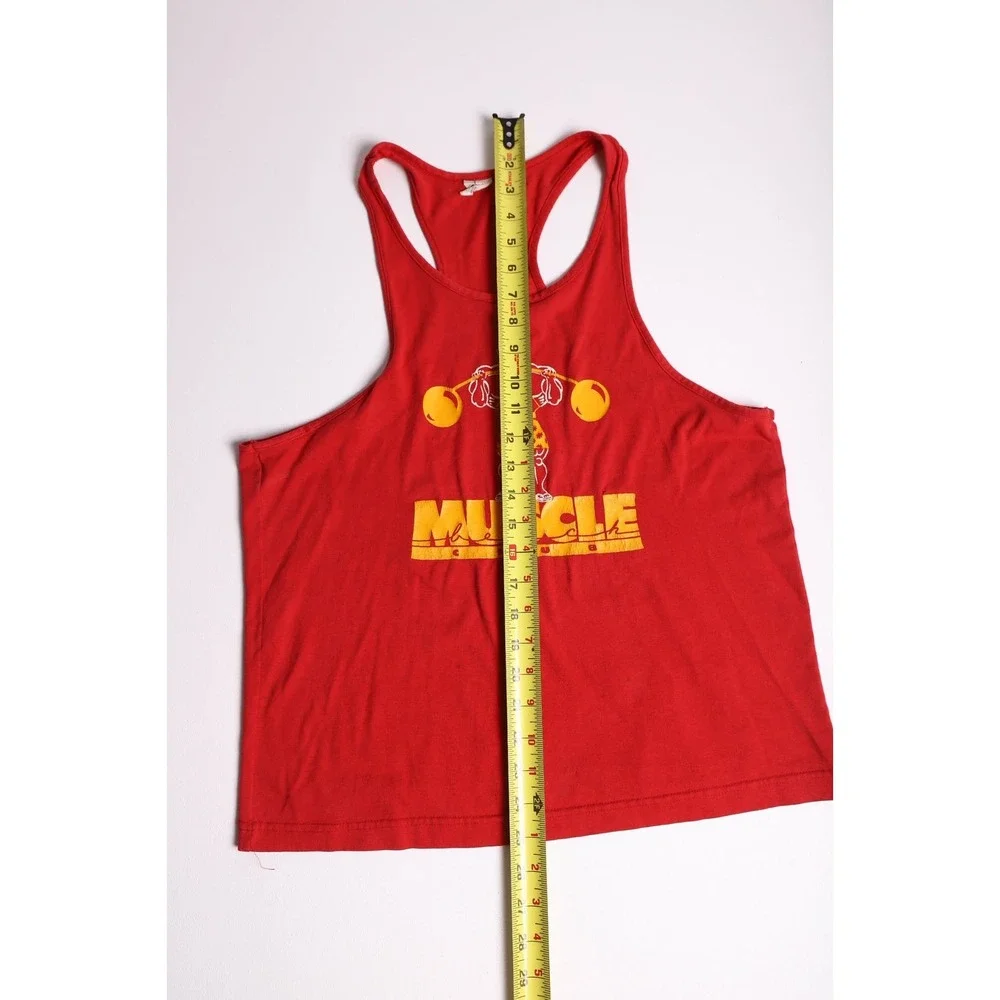 Vintage 70s Muscle Beach Club Tank Top Red Graphic Stringer Racerback Mens Large